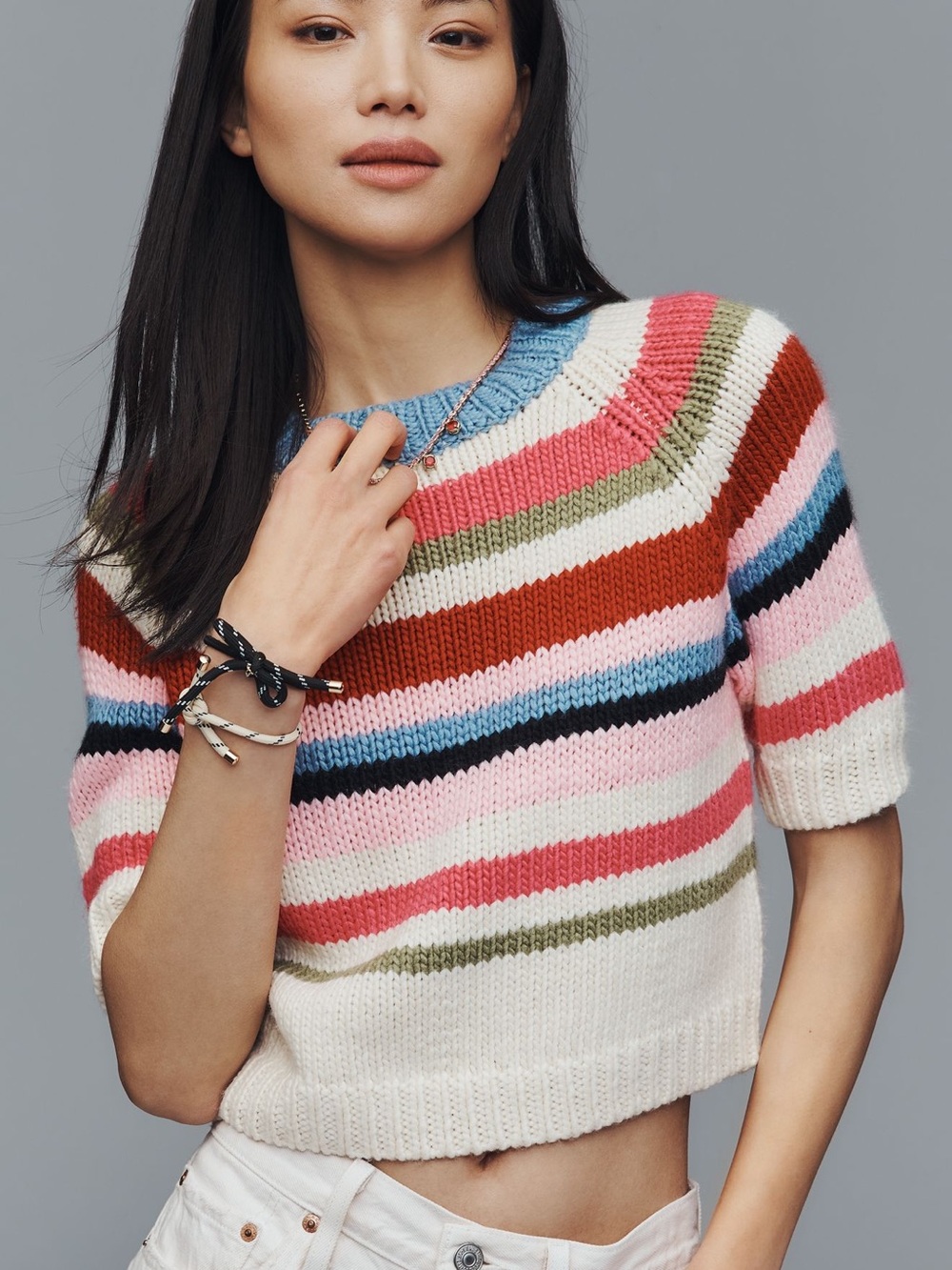Raisonnel/Anthropologie Wool Blend Striped Short-Sleeve Sweater in Multi